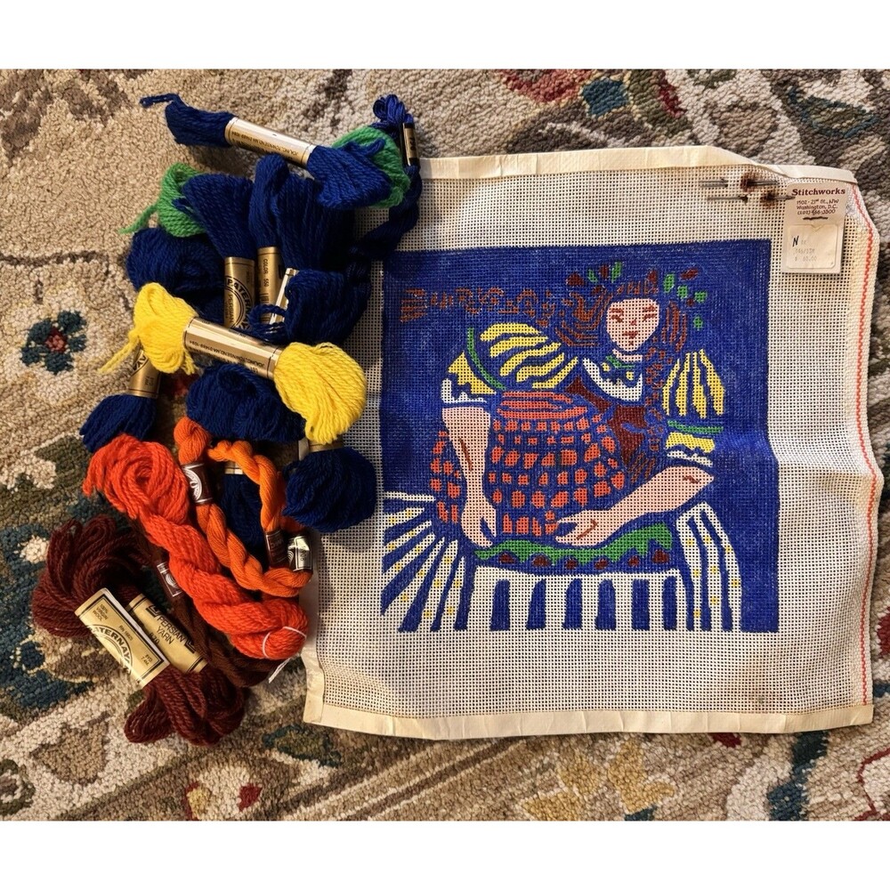 VTG Handpainted Needlepoint Canvas Women Holding A Basket Long Hair READ